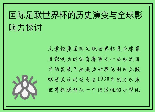 国际足联世界杯的历史演变与全球影响力探讨